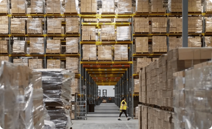 Custom Goods Logistics warehouse with pallet racks and an employee